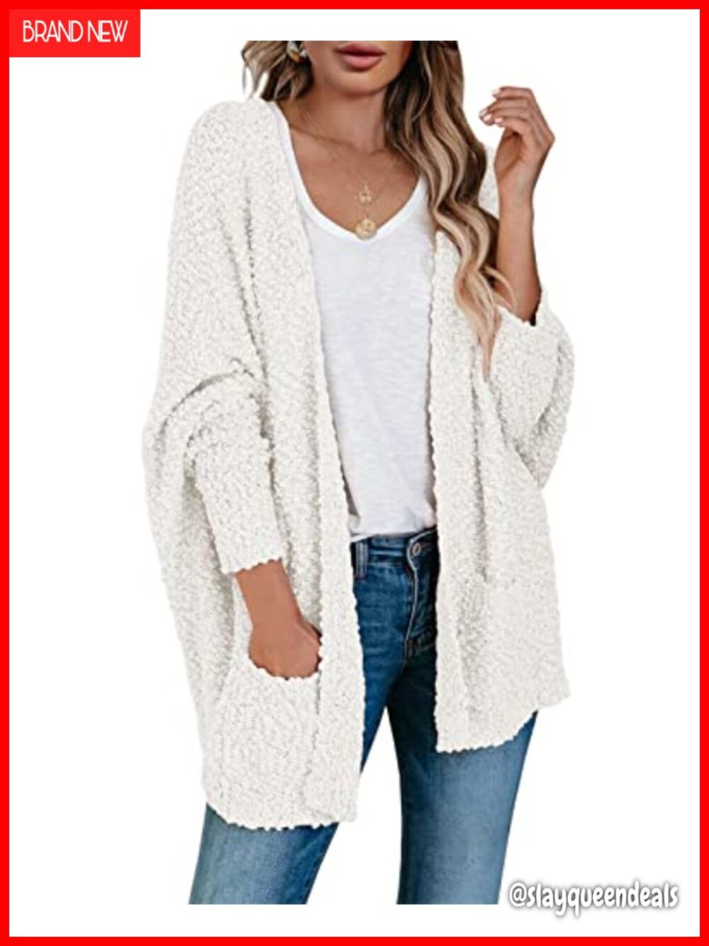 Popcorn Knit Batwing Sleeve Cardigan Oversized Cozy Open Front Sweater